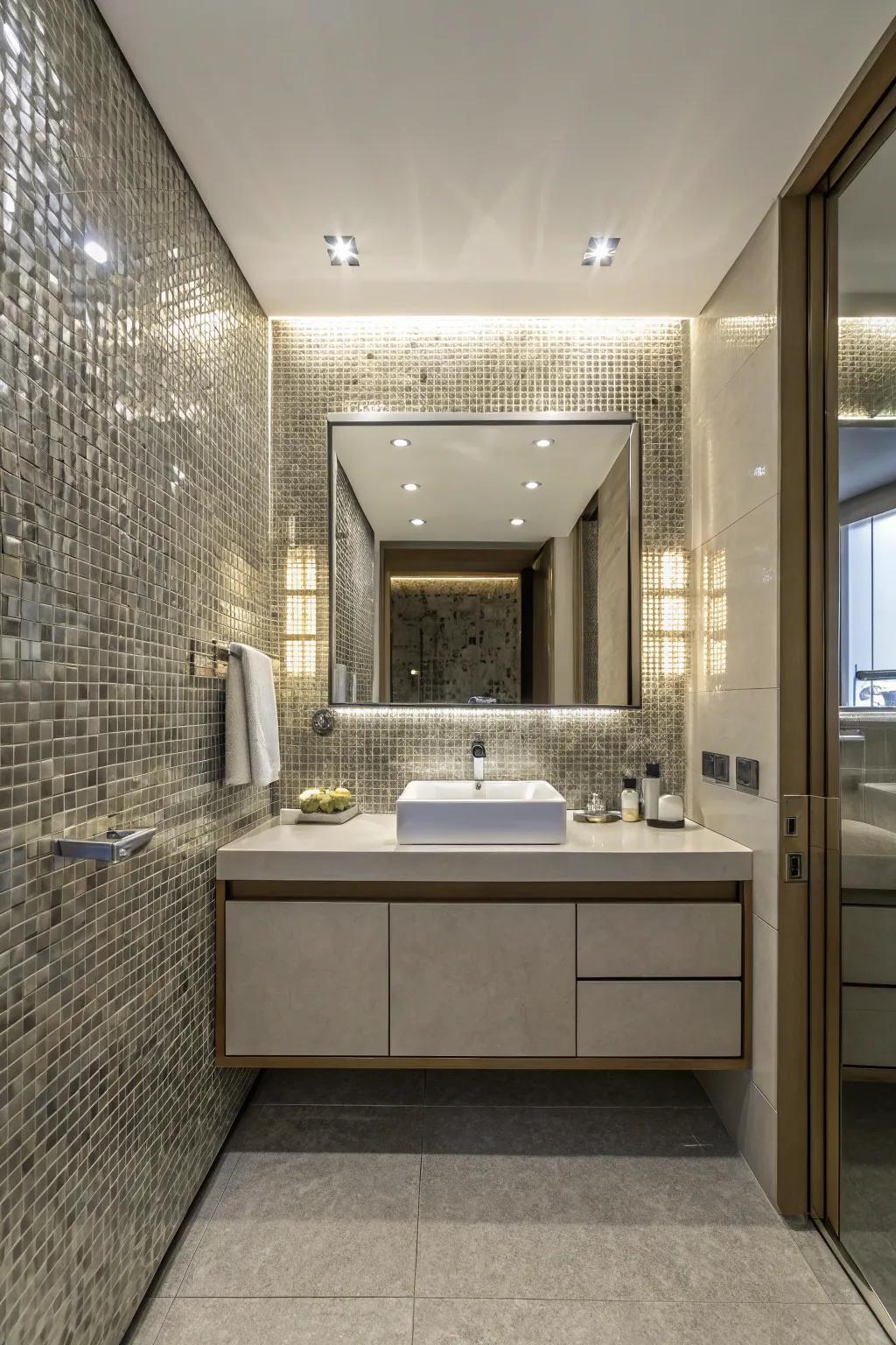 A mirror pattern providing hidden storage in a bathroom.