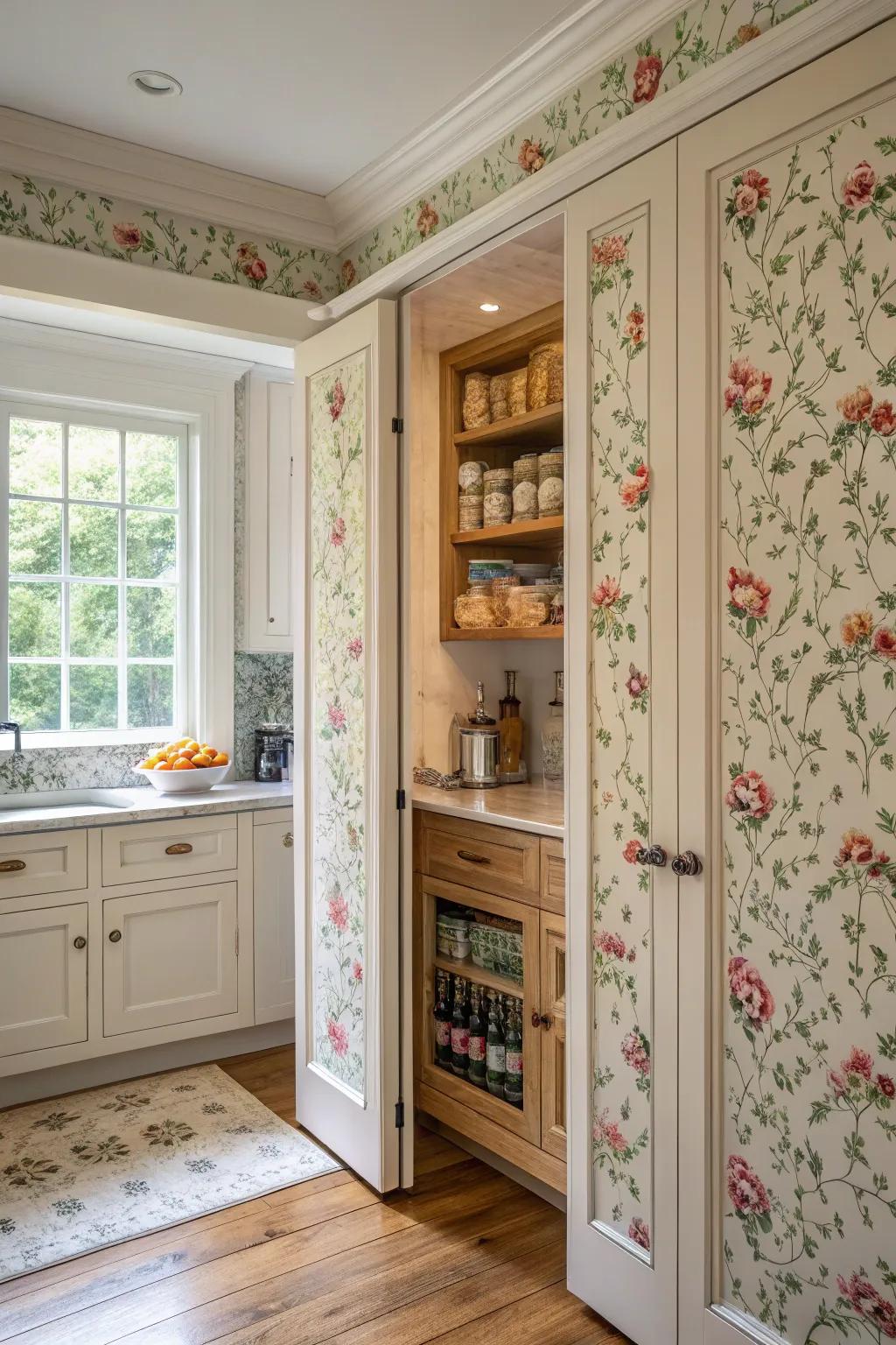 Wallpaper-encased entrances concealing a secret pantry, fusing with the wall design.