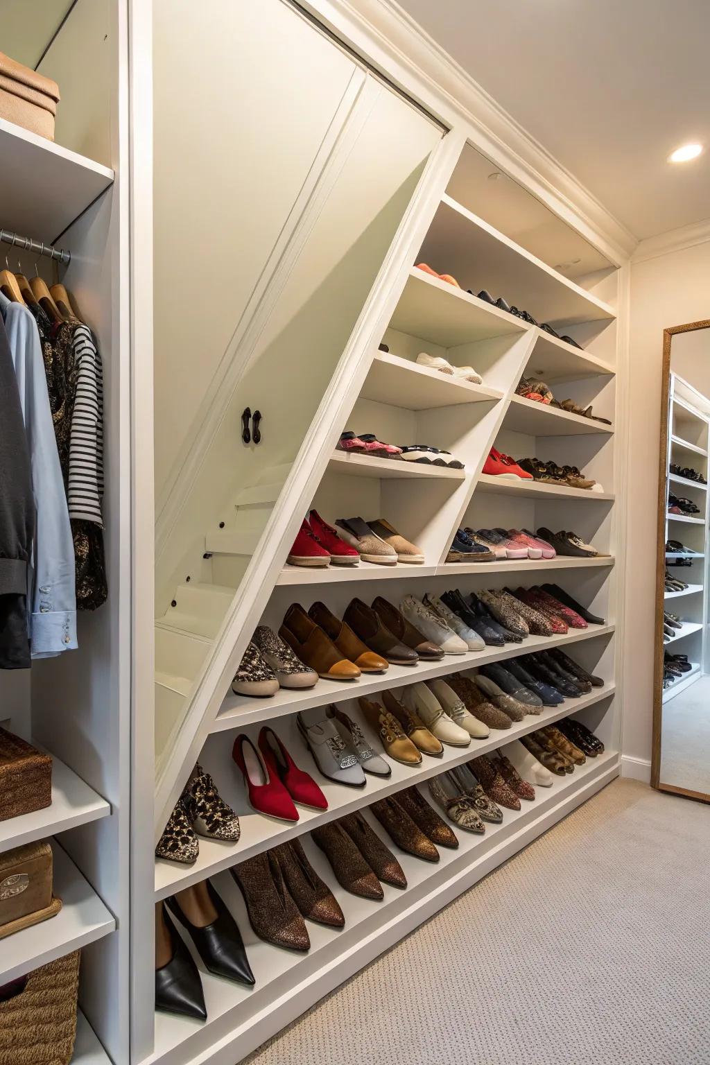 Slanted shelves ensure visibility and easy access to your footwear.