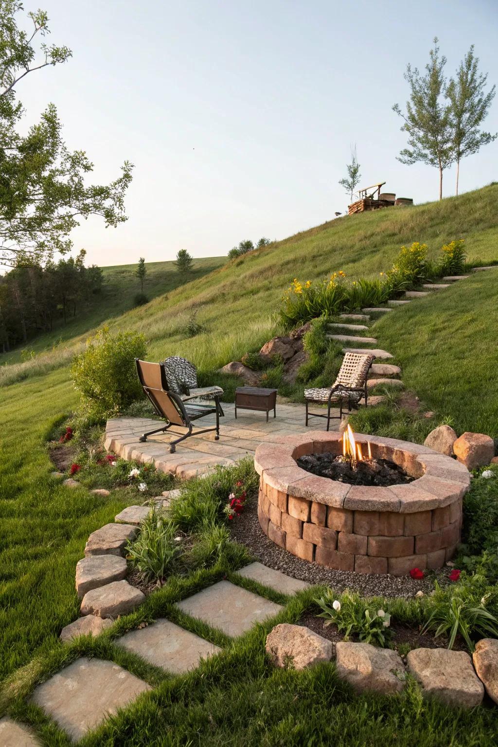Fire pits provide warmth and a gathering place in hillside gardens.