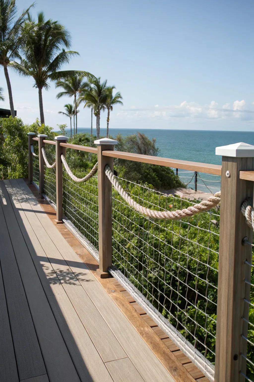 Rope details add nautical charm to mesh panel deck railings.