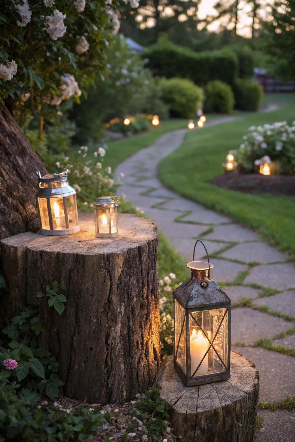 A natural light display crafted from a tree stump illuminates the garden pathway.