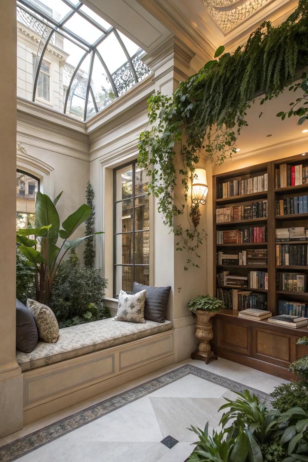An inviting reading nook within an atrium, ideally suited for serene moments.