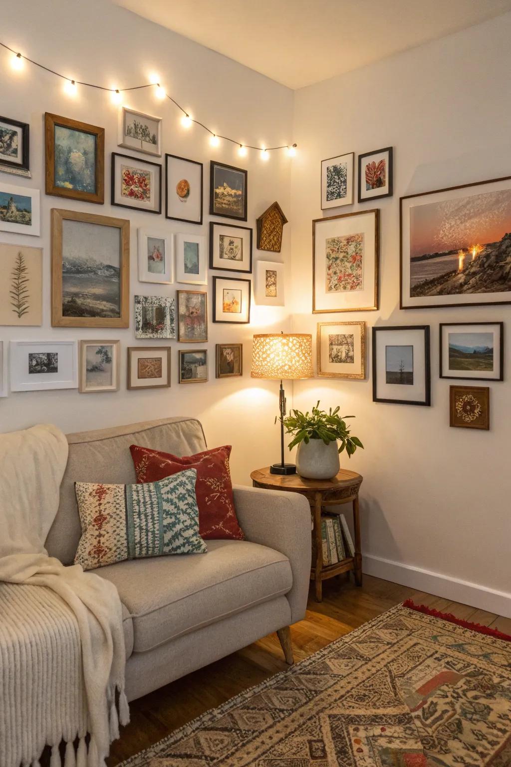 A personal gallery wall featuring art and photographs