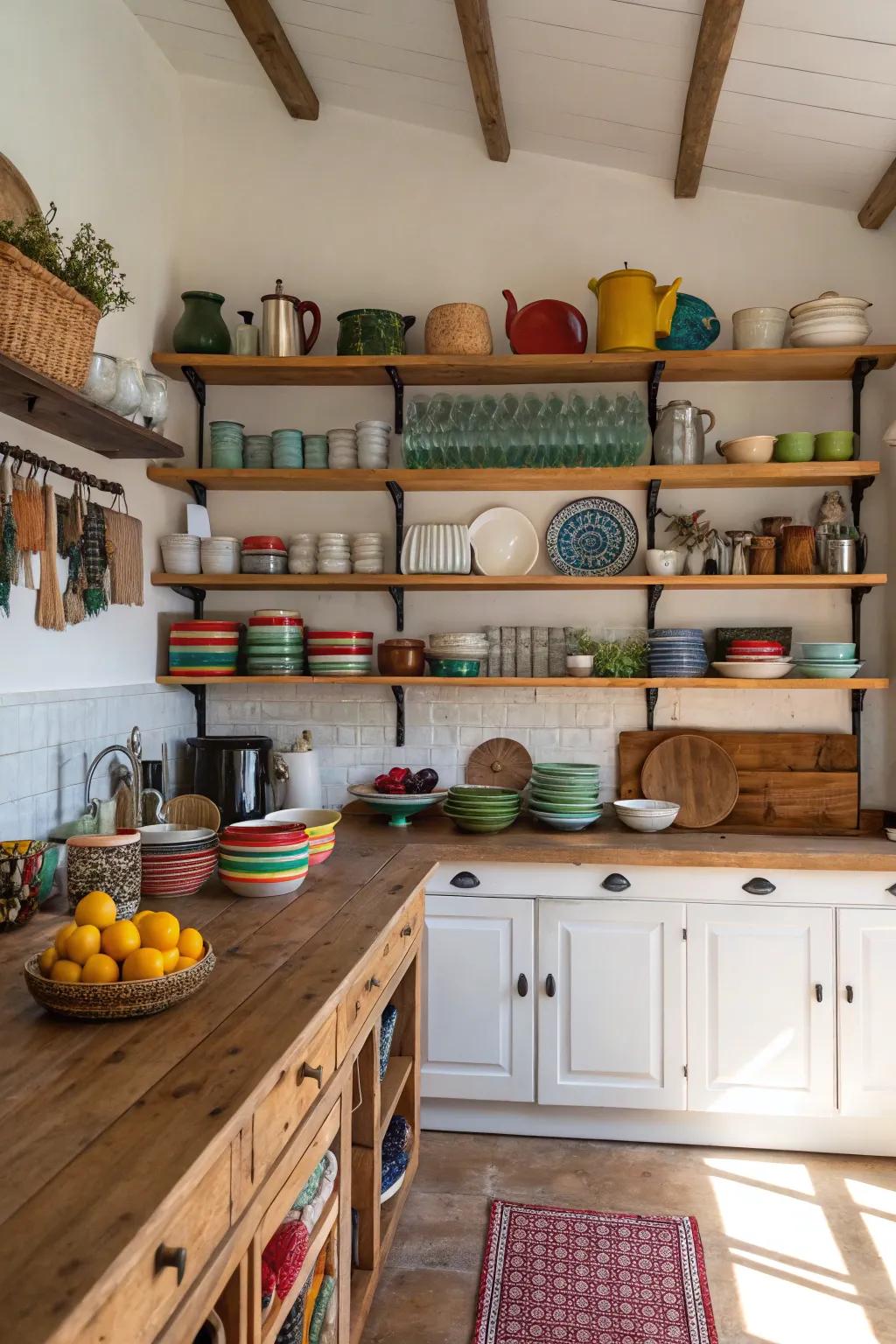 A kitchen where open shelving combines functionality with style.