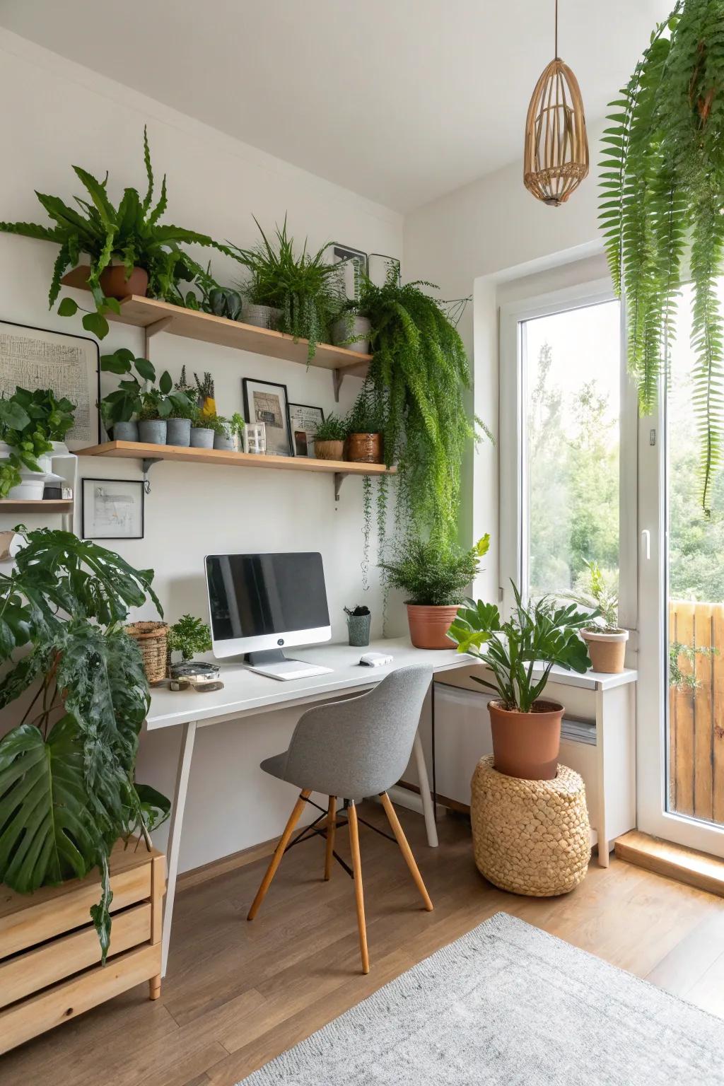 Greenery introduces life and freshness to a home office setting.