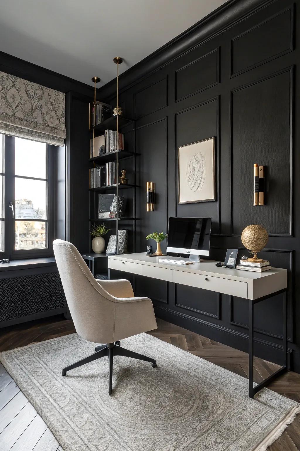 Ebony walls fashion a spectacular and elegant atmosphere within this chic personal office.