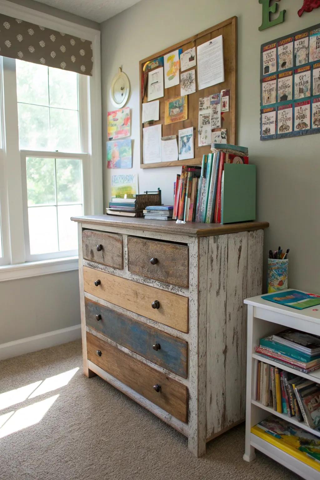 Furniture that has been repurposed offers unique storage options while also giving the space personality.