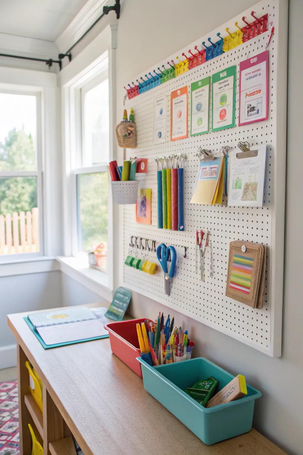 Pegboards enhance organization and add visual interest to homeschool spaces.