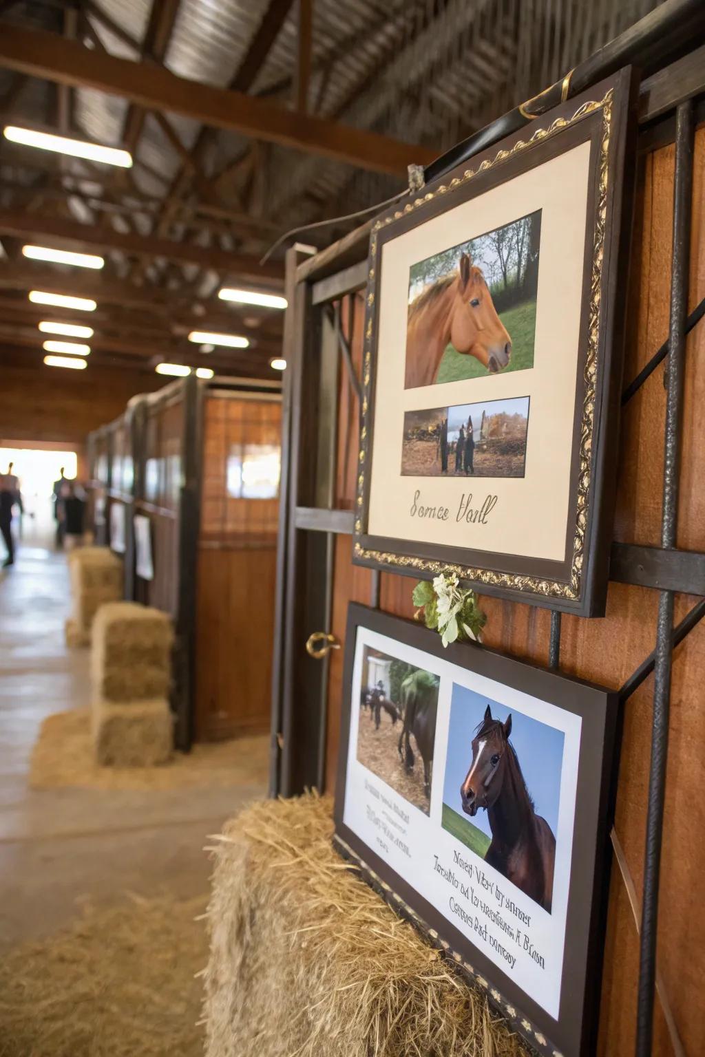A stall marker exhibiting personal portraits of an equine.
