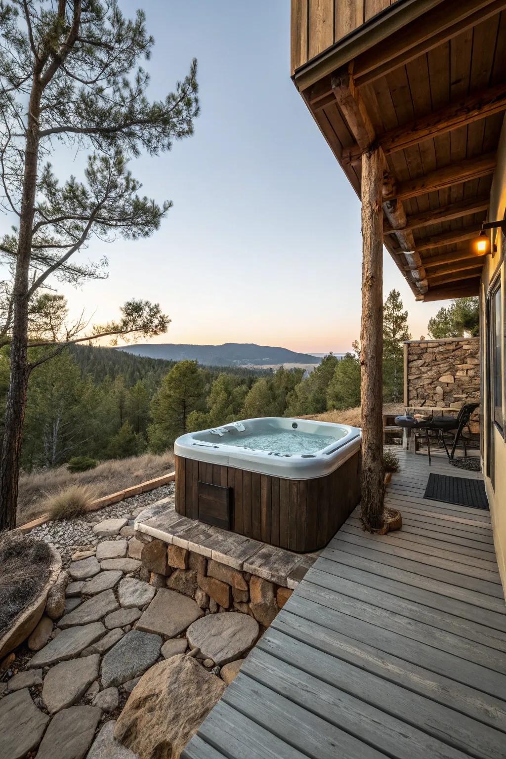 Add rustic charm with earthy materials around your hot tub.
