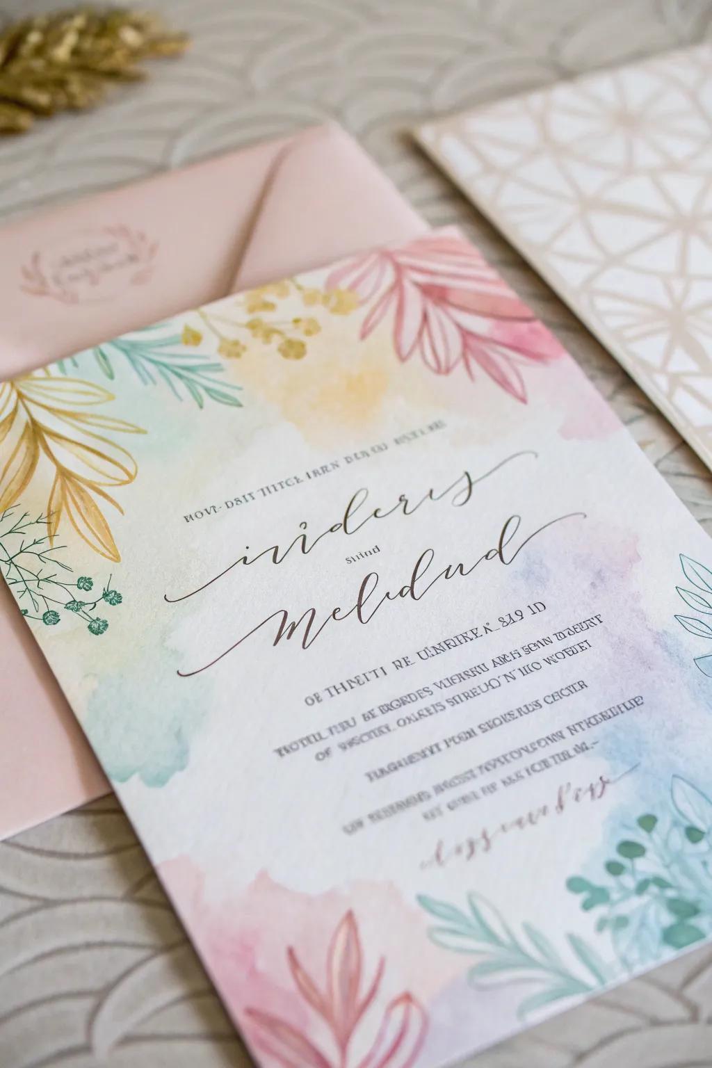 Watercolor designs bring an artistic flair to your invites.