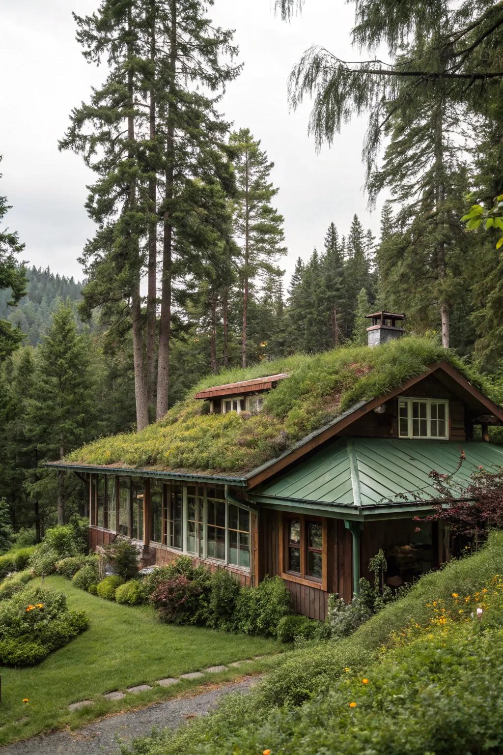 A verdant-topped home blending into the forest environment.