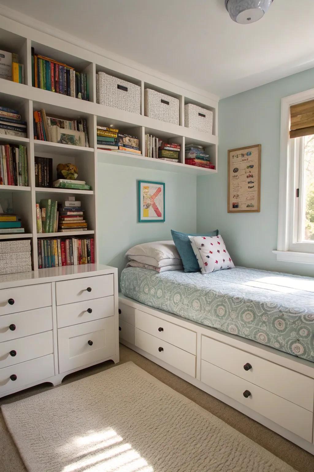 An organized petite bedroom featuring fashionable storage solutions for a serene setting.