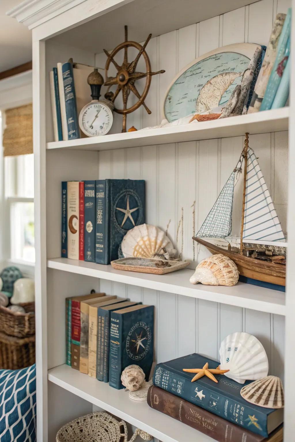 A bookshelf exuding a seafaring motif.