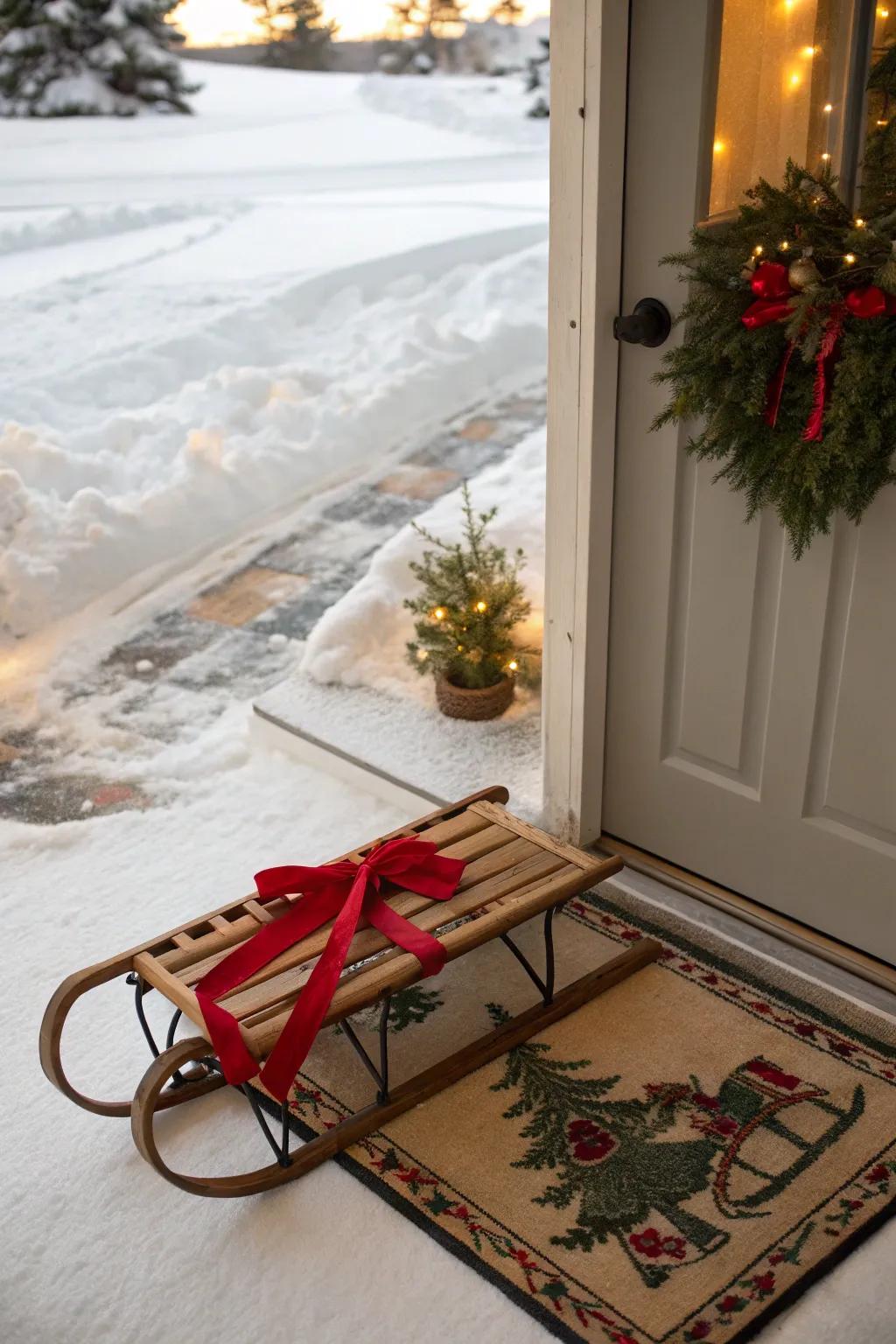 A welcoming sled featuring a festive entryway rug