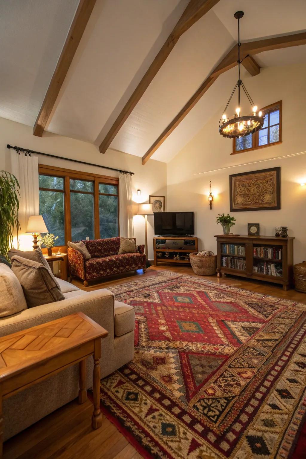 Layered surface coverings convey depth and comfort to expansive floors.