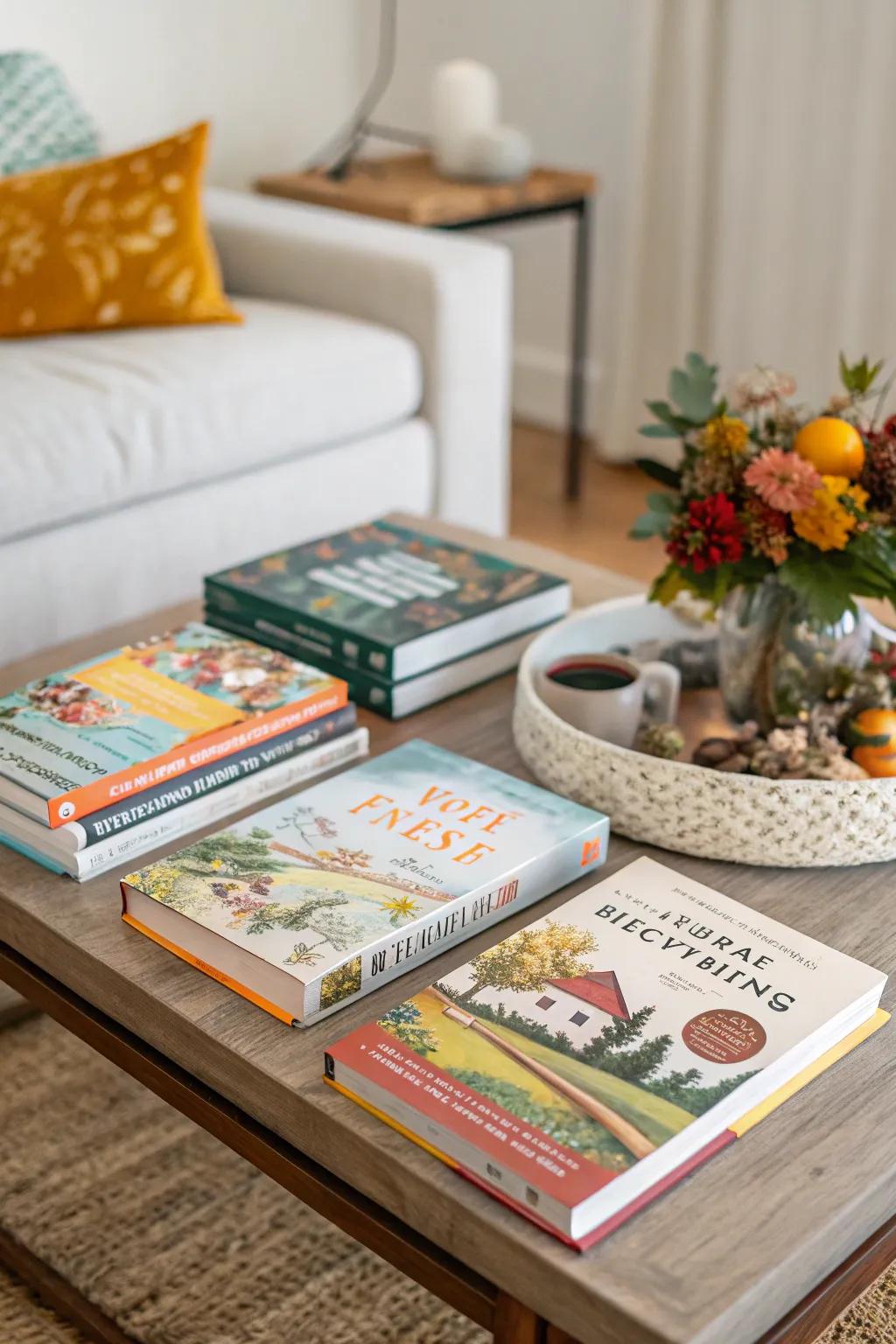 Seasonal books placed on the center table offer both decor and inspiration.
