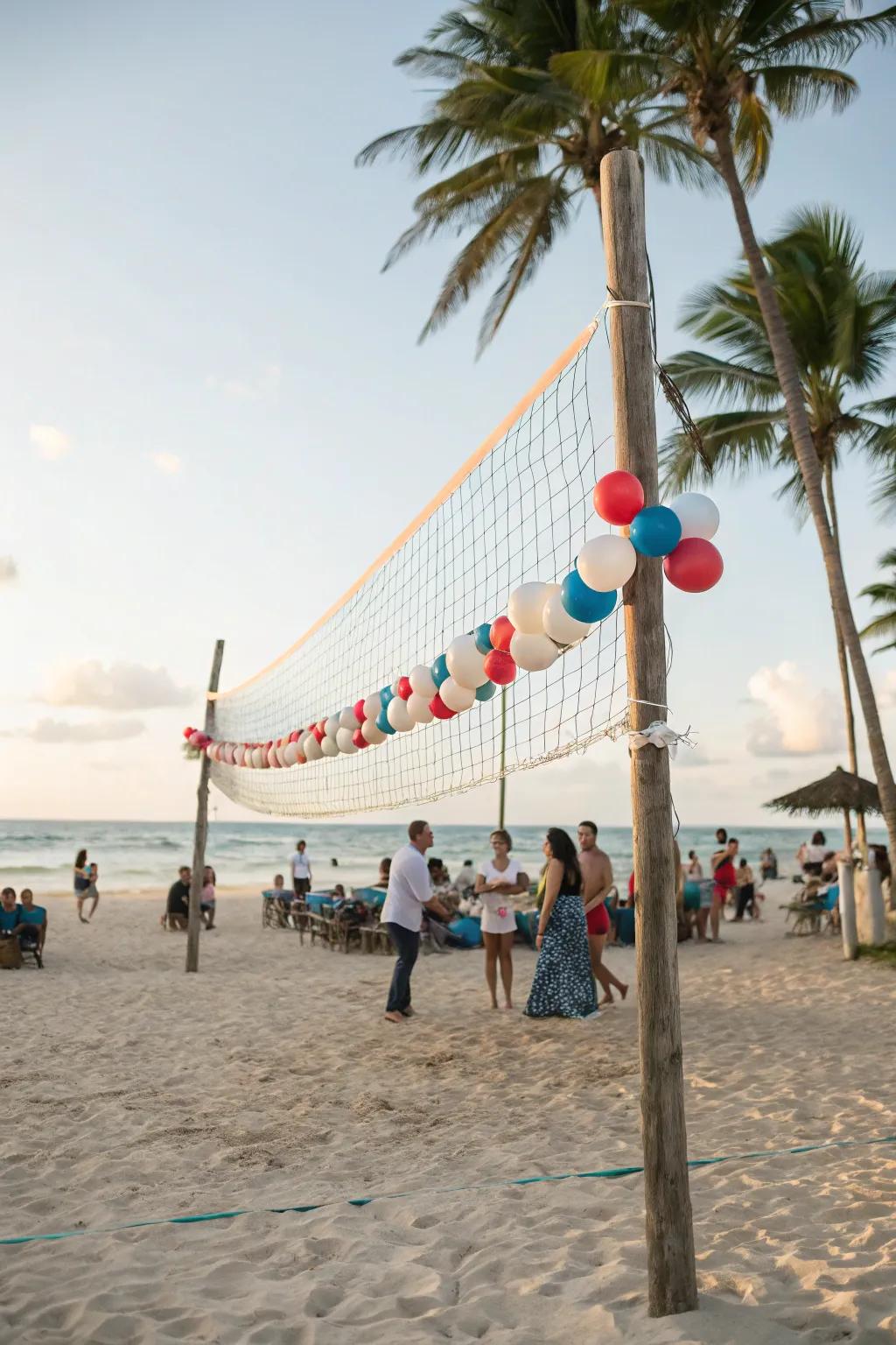 A web filled with balloons enhances the nautical theme of a beach gathering.