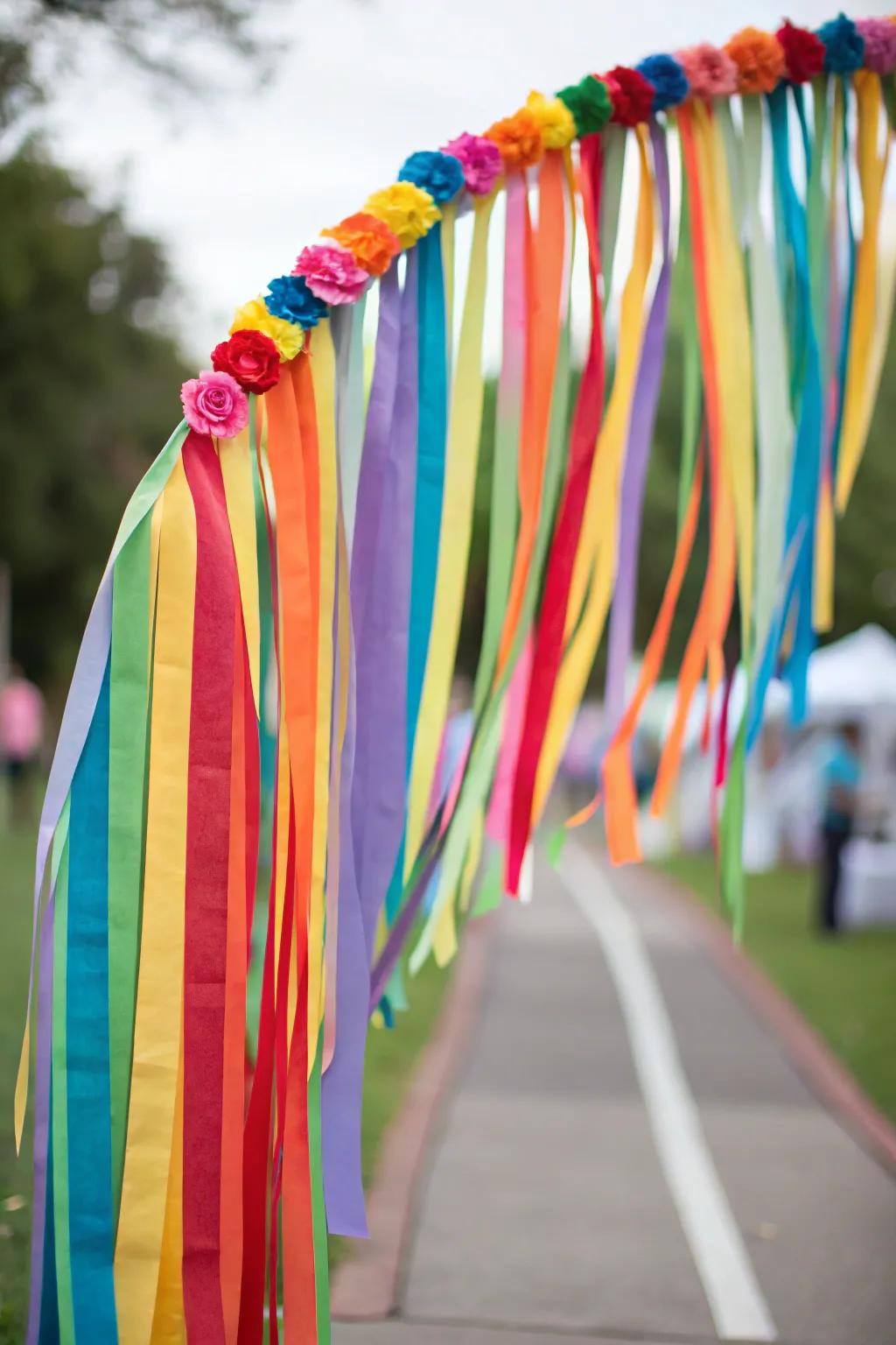 Greet visitors with an impressive streamer garland passageway.
