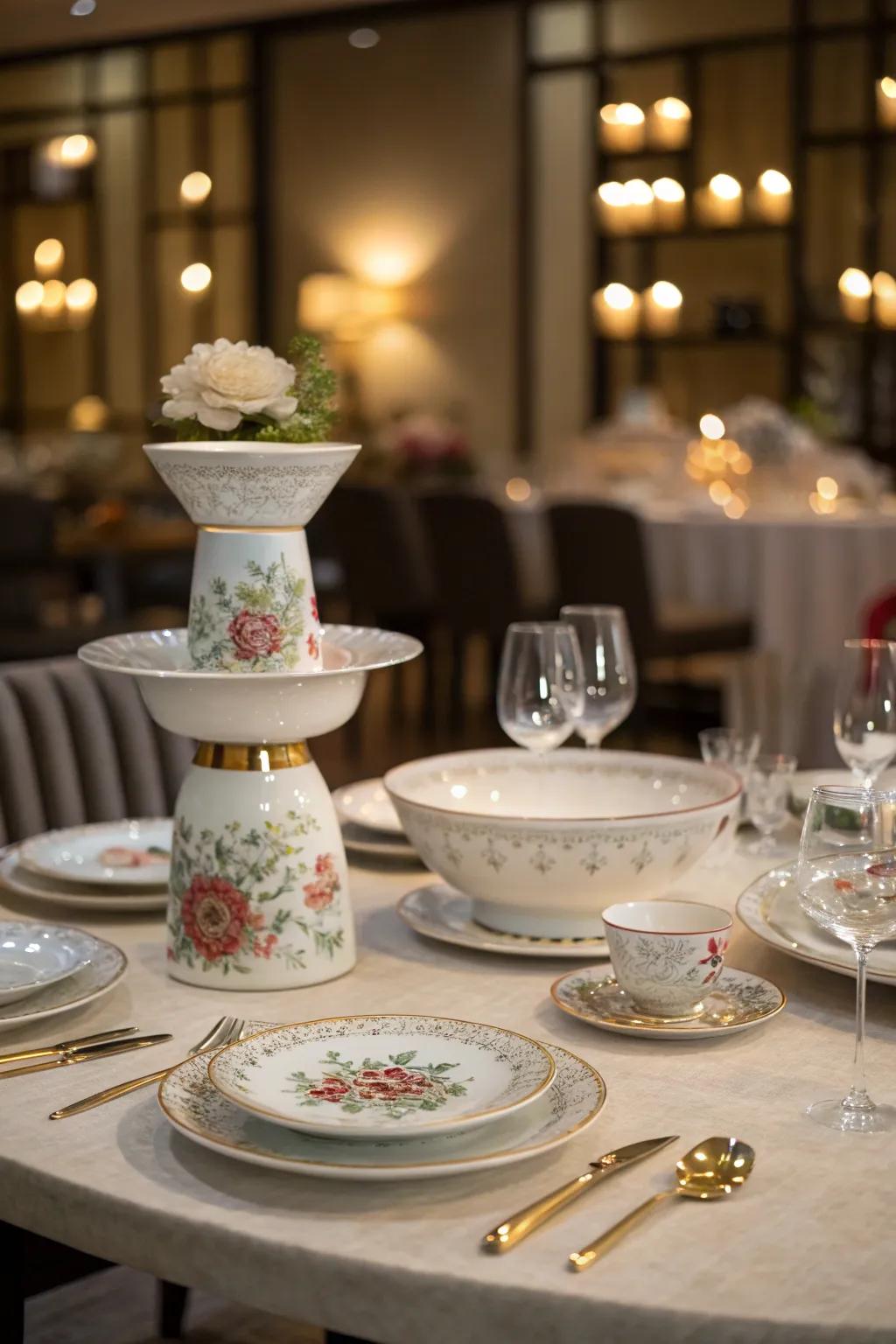 A dining table featuring an artistic showpiece made of assorted china pieces.