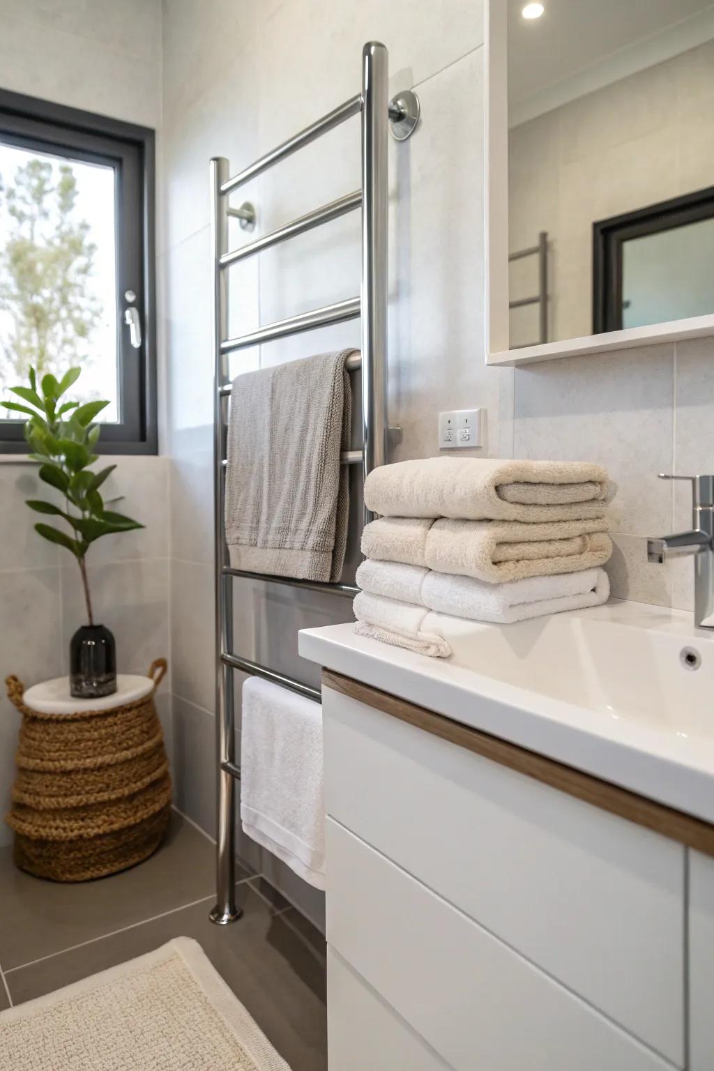Minimalist rails are a sleek and modern way to hang towels.