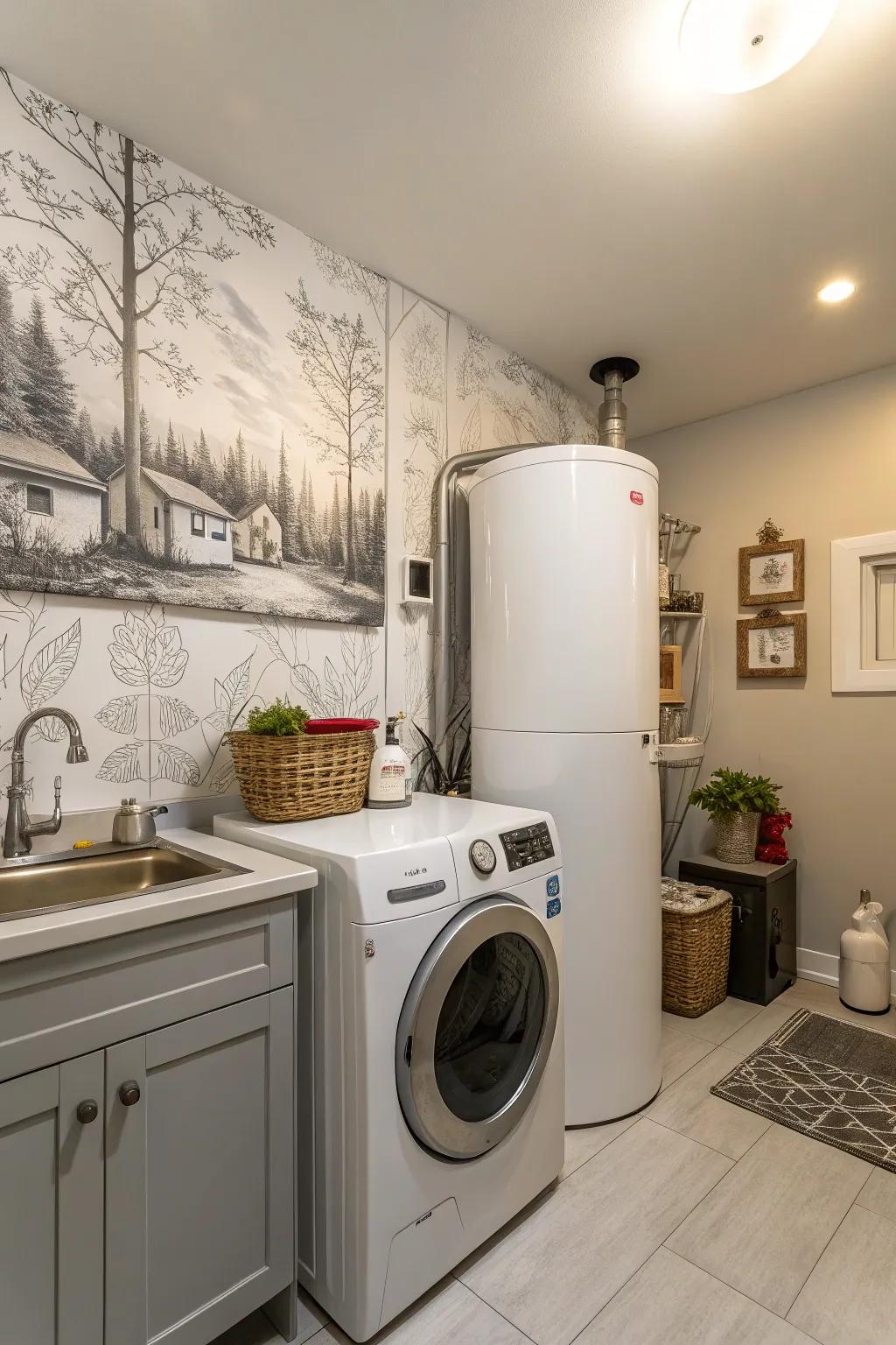 Wall art provides a creative method to conceal appliances.