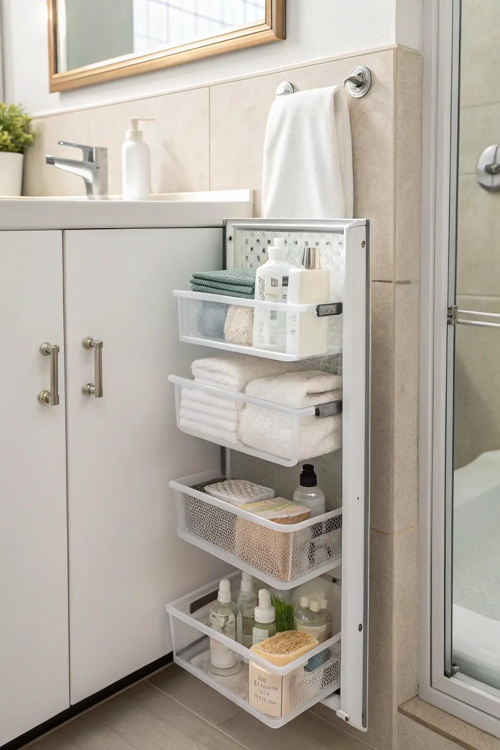 Door-mounted bins on a cabinet, providing easy access to frequently used items.
