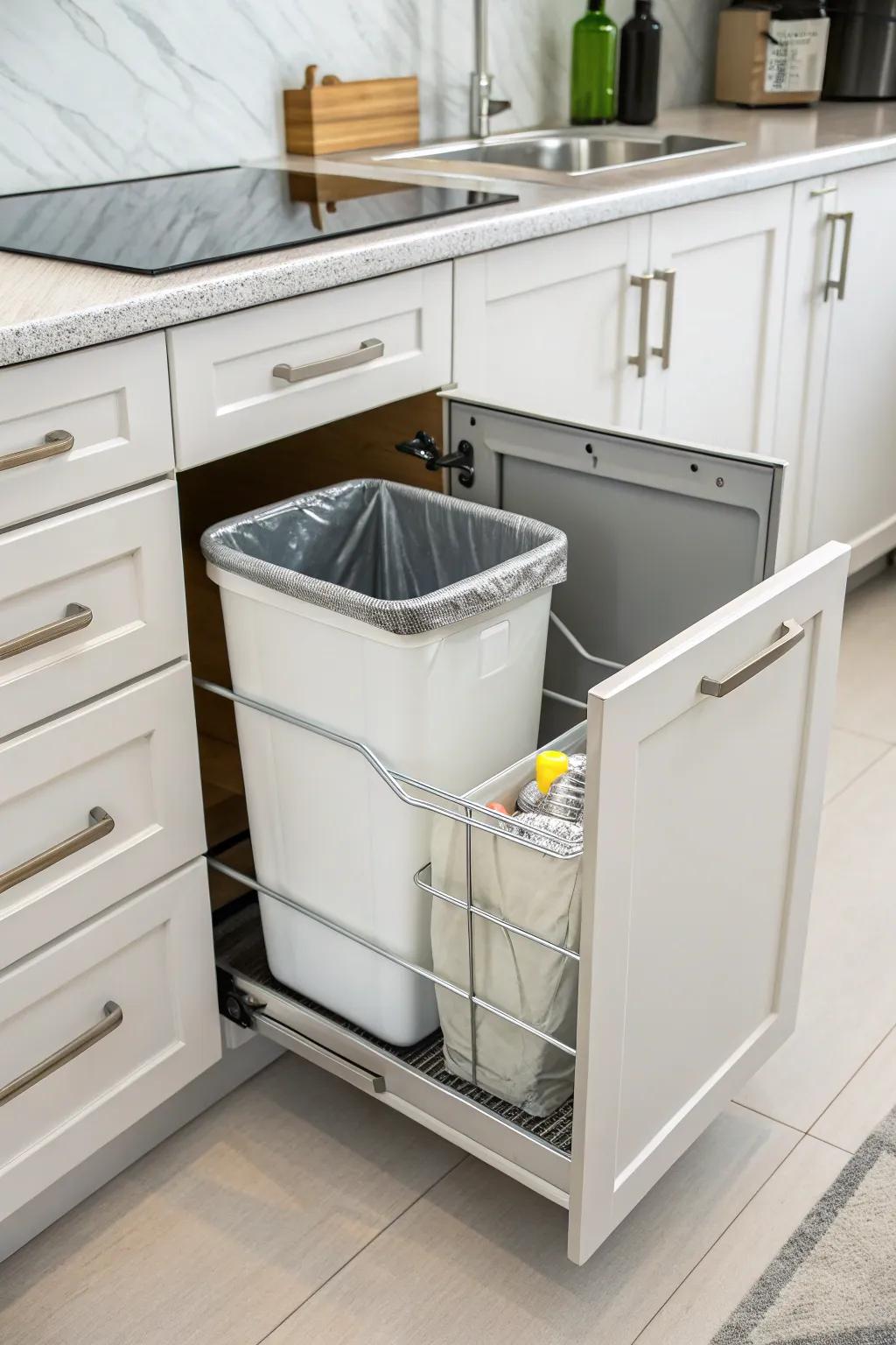 A pull-out trash can keeps your kitchen neat and highly organized.