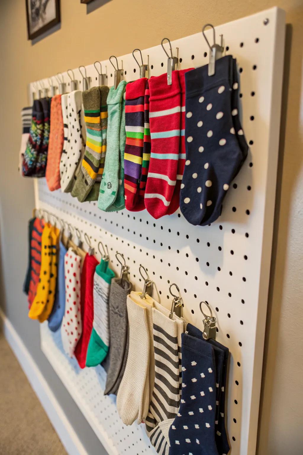 Your socks become functional art on a pegboard.