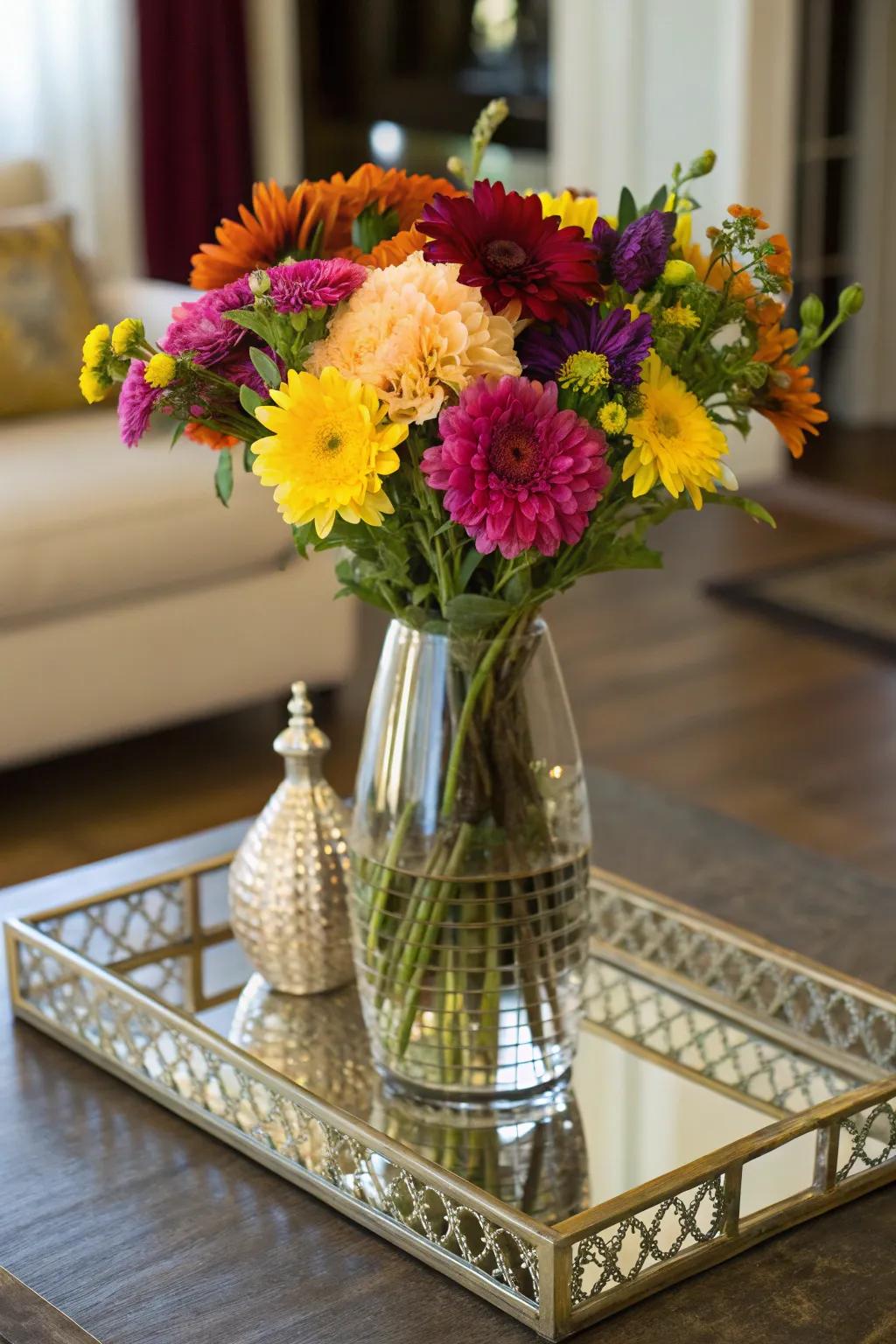 Mirrored surfaces amplifying the impact of a floral display.