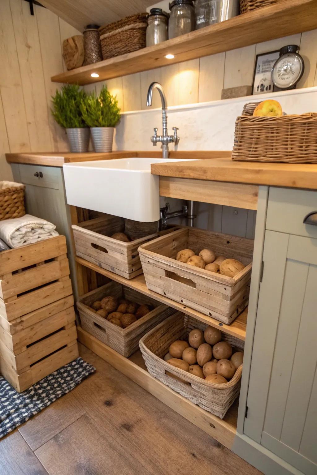 Under-sink cabinet creatively utilized for potato storage.