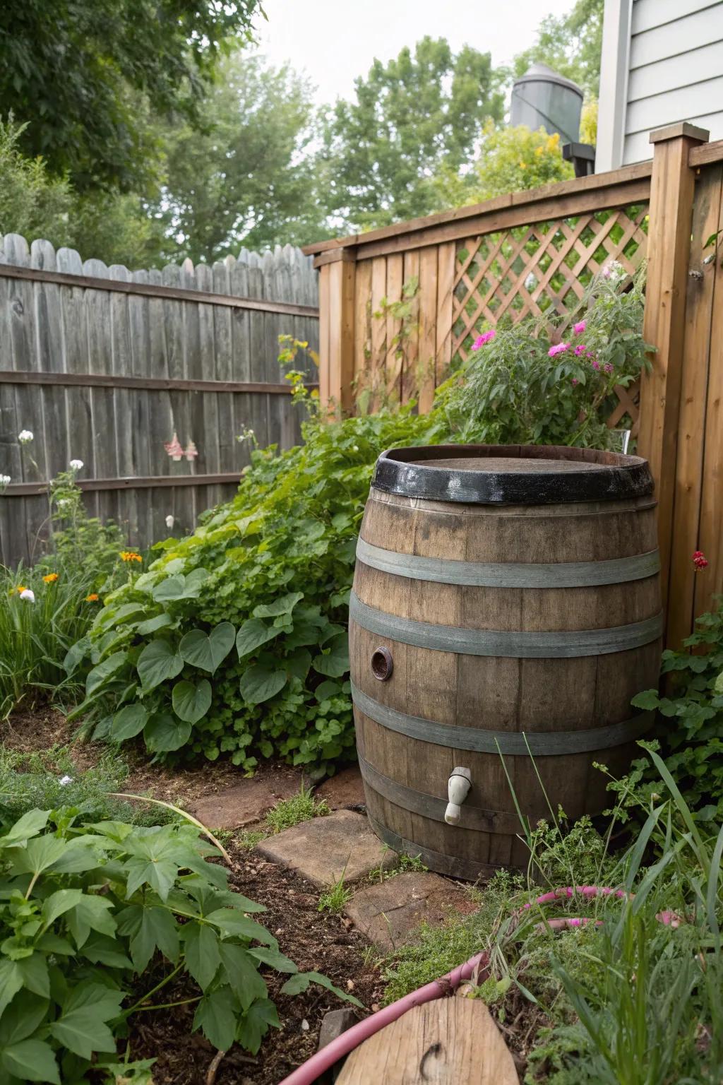 A countryside style wine cask transformed into an eye catching composter within a garden.