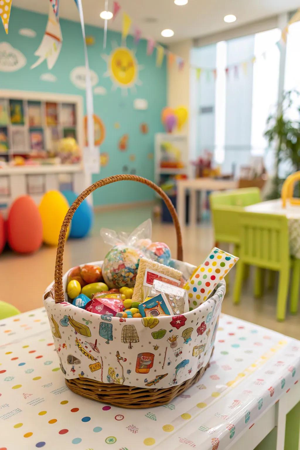 Lively graphics bring a fun and dynamic vibe to gift baskets.
