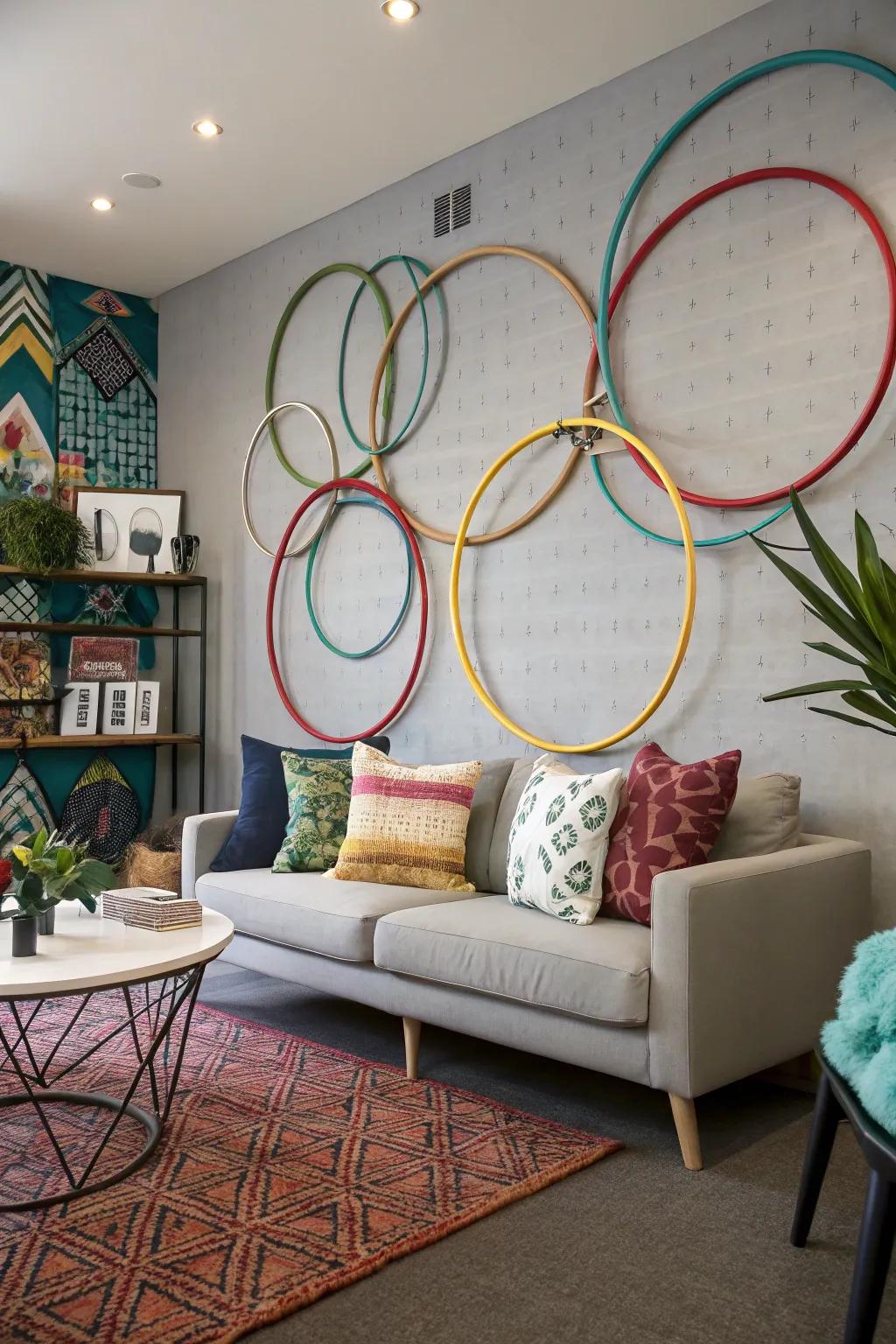 Hula hoops skillfully arranged on a wall, functioning as both decor and storage.