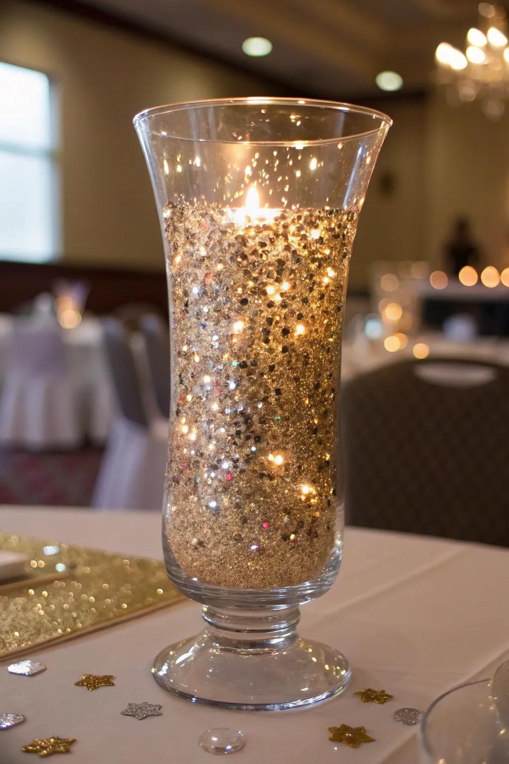 Glitter and metallic confetti inside a windproof candle holder for a touch of glamour.