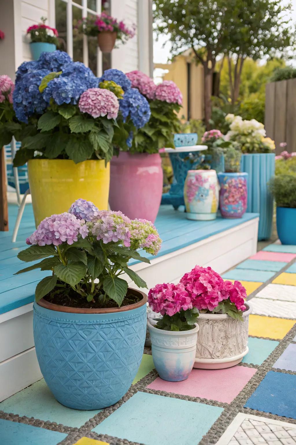 Varied collection of pots displaying hydrangeas on a vibrant deck.