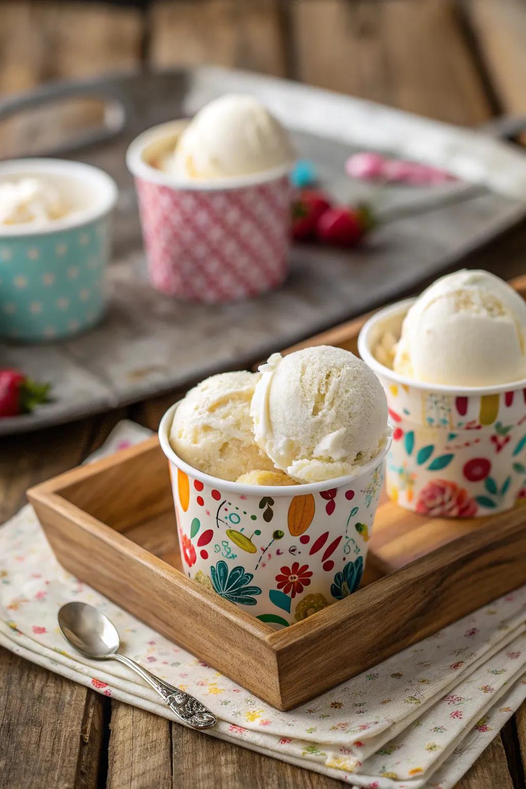 Ornamental cups enhancing the visual appeal of the ice cream.