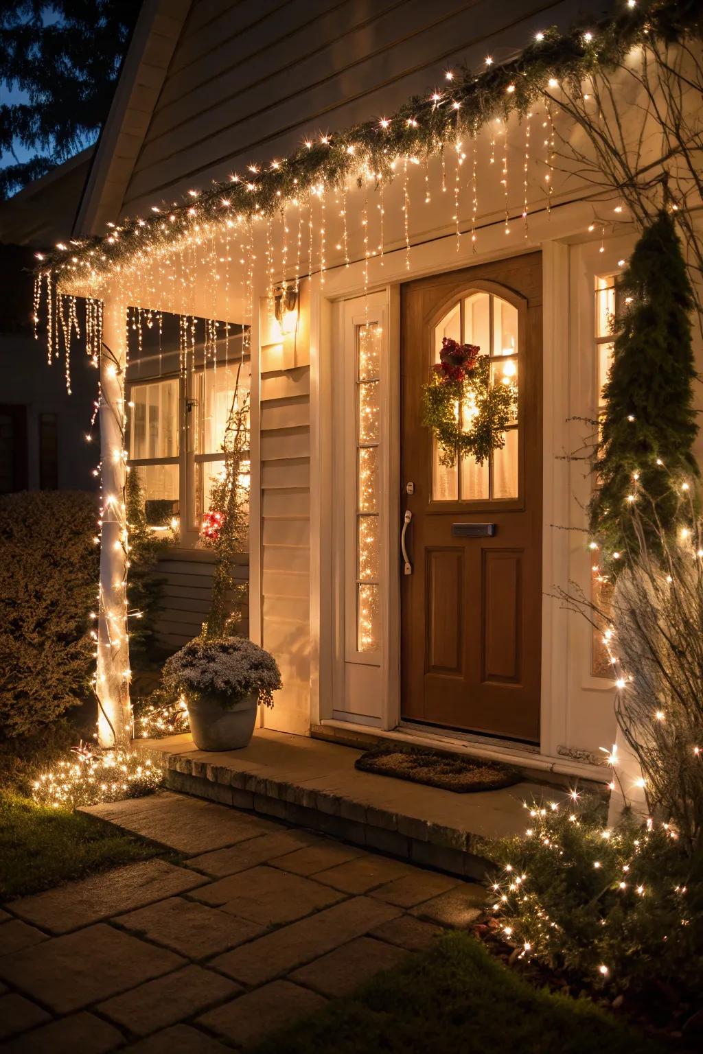 A front door framed with dazzle drops, inviting you in with festive warmth.