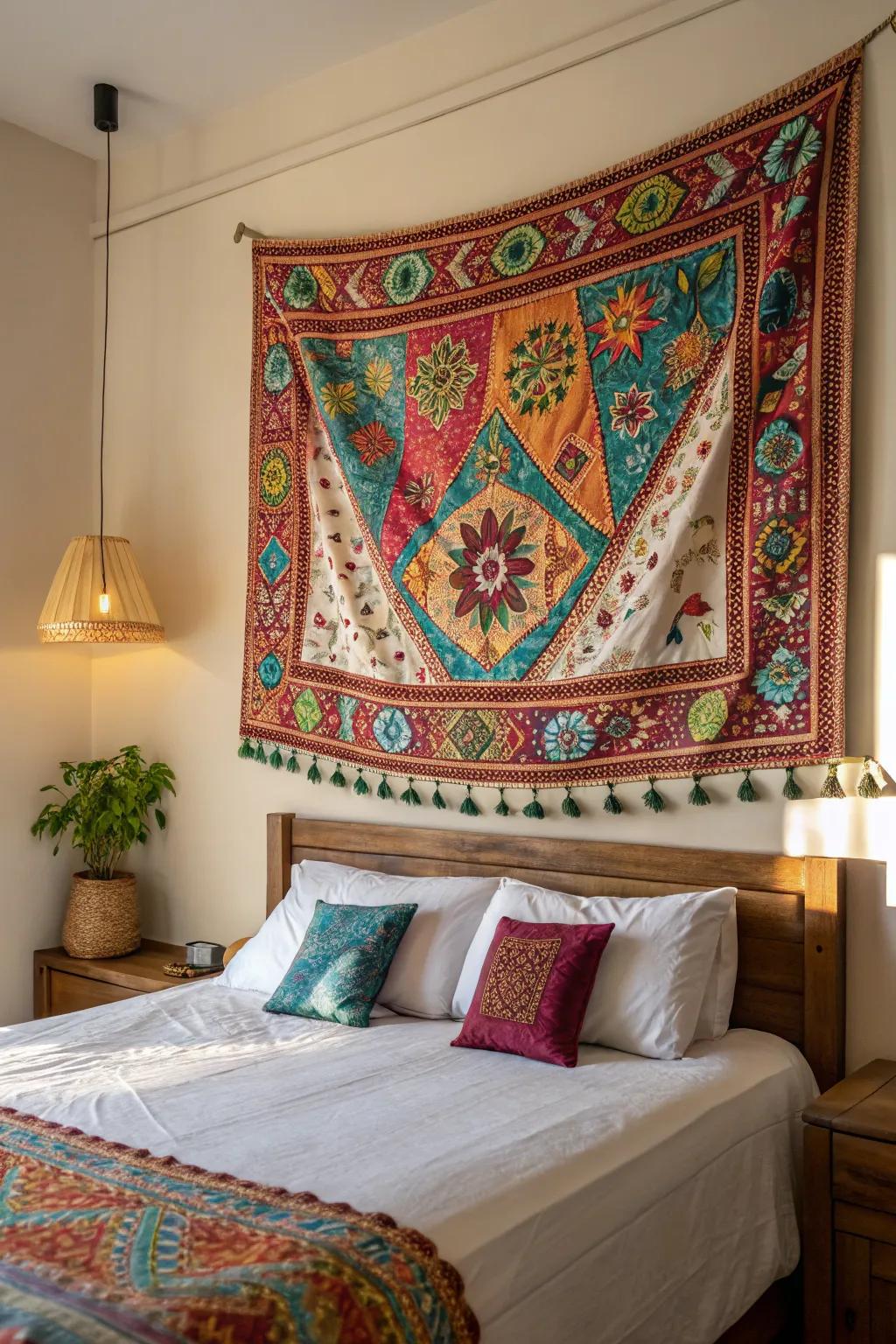 Warmth and flair are provided by fabric hangings.