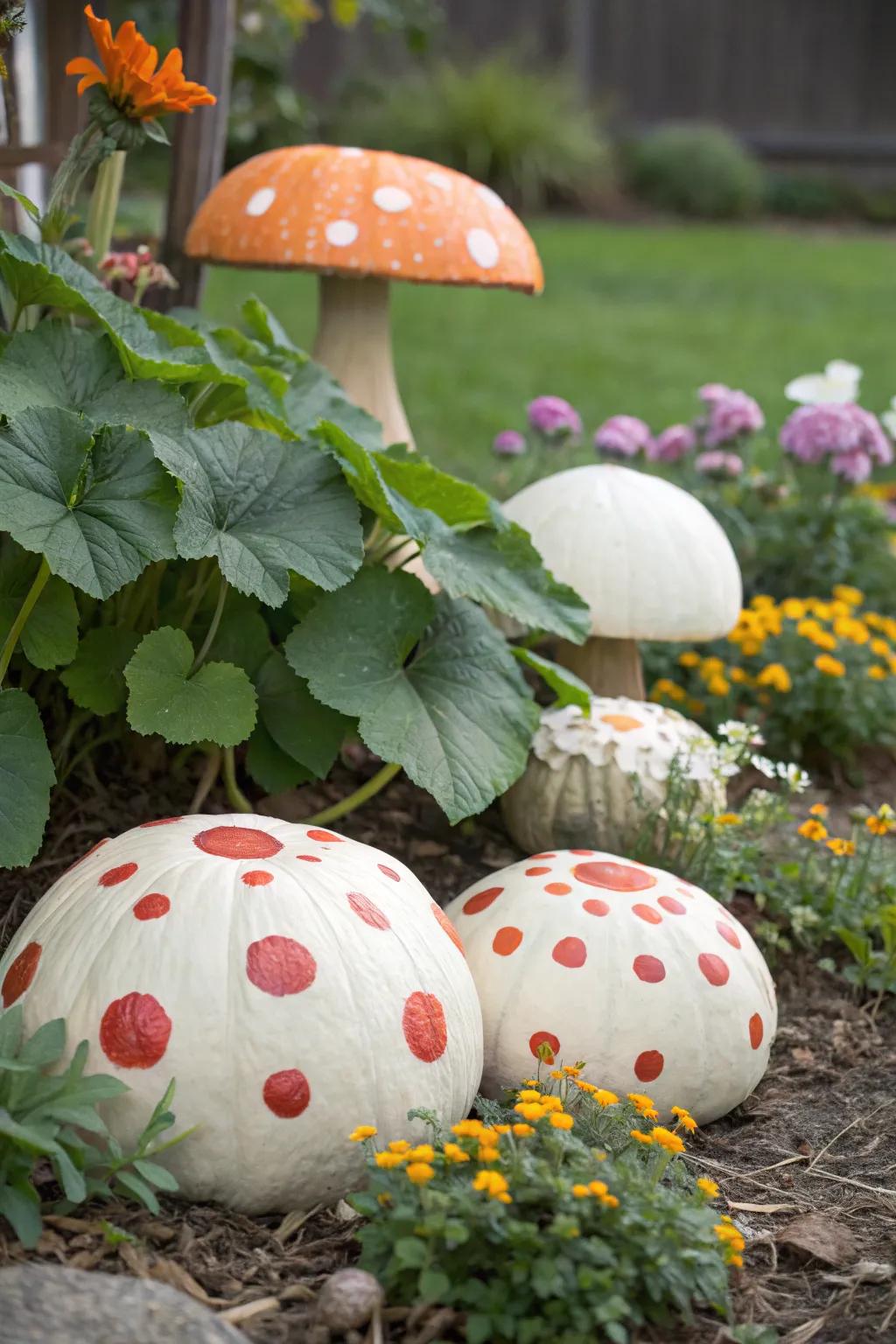 Enchanted toadstool pumpkins adding a sprinkle of magic to the décor.