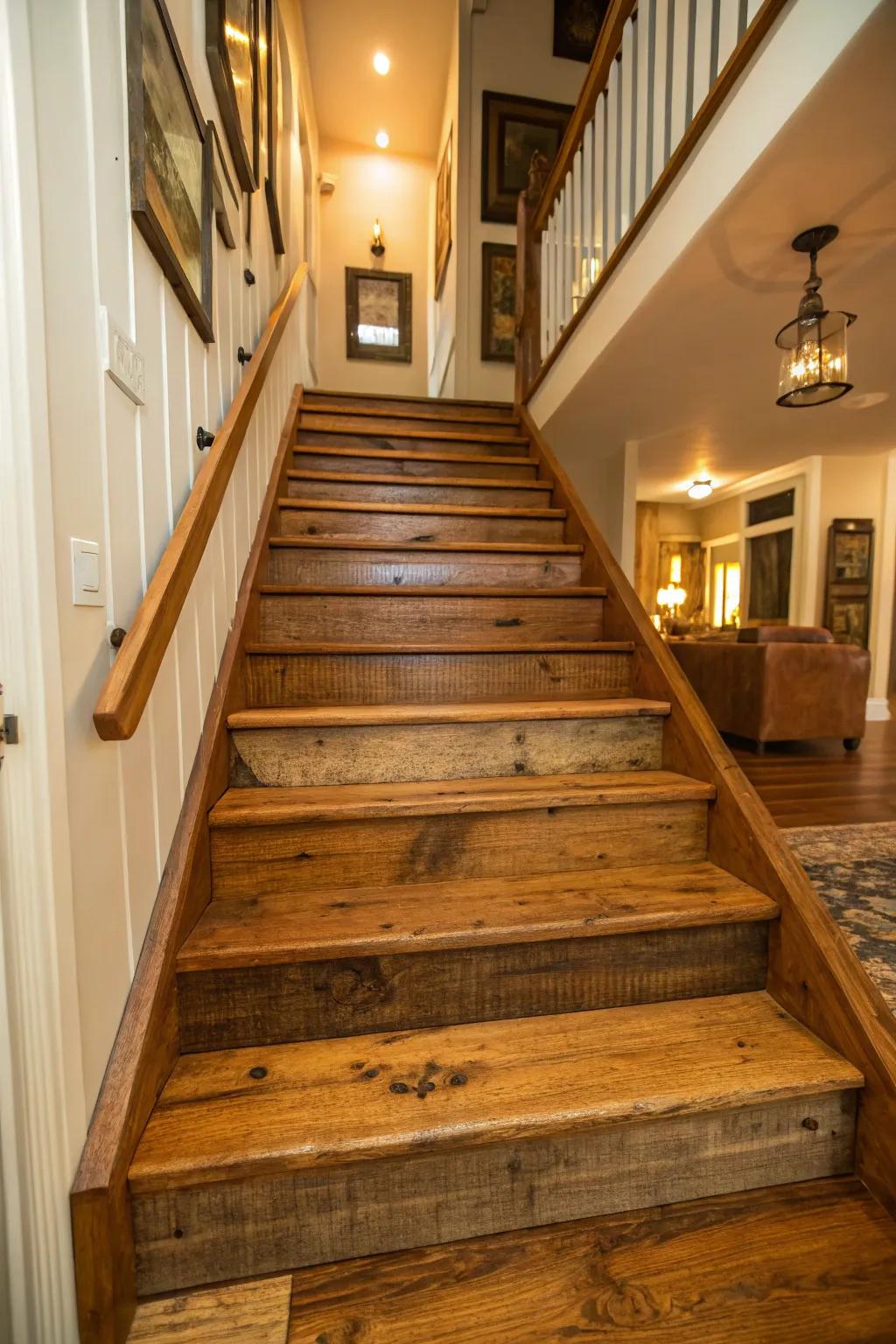 Relate a narrative via salvaged wood stairs.