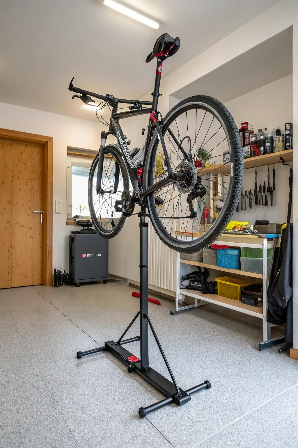 Portable bike stands provide flexible storage solutions.