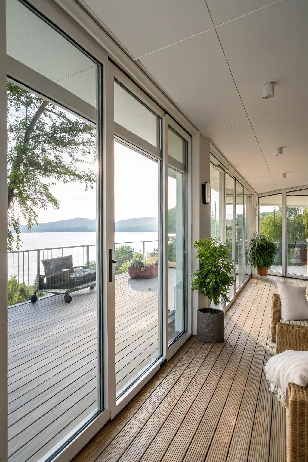 This indoor deck has flexibility and openness thanks to gliding glass panels.