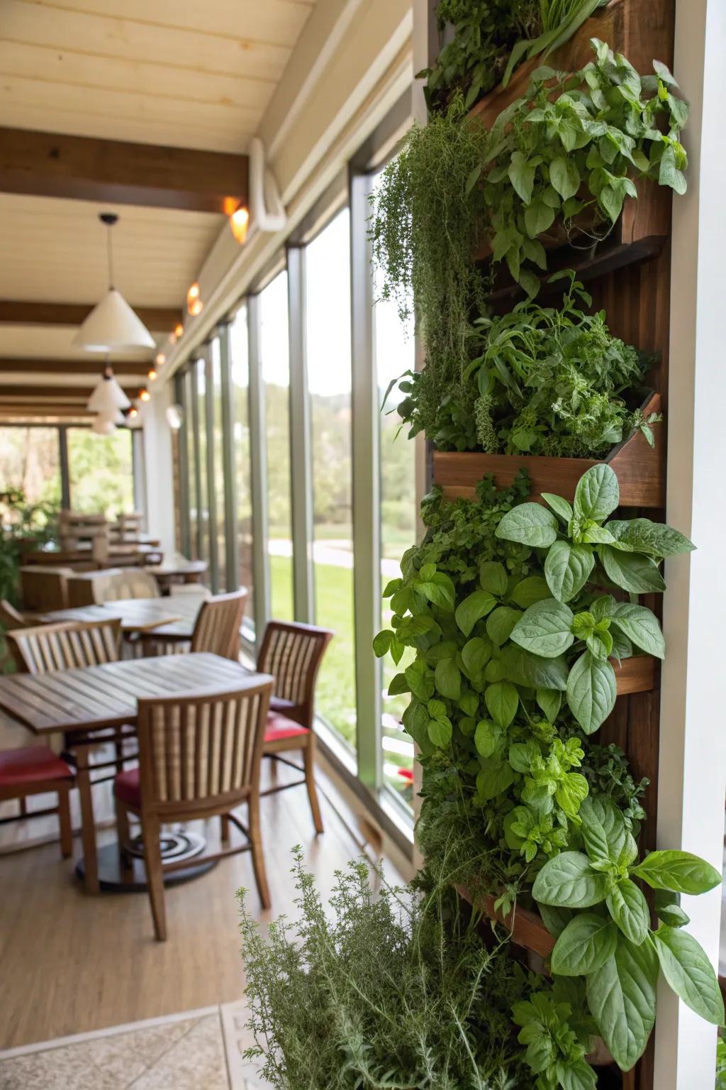 A skyward herb garden injects freshness and flavor into your enclosed patio.