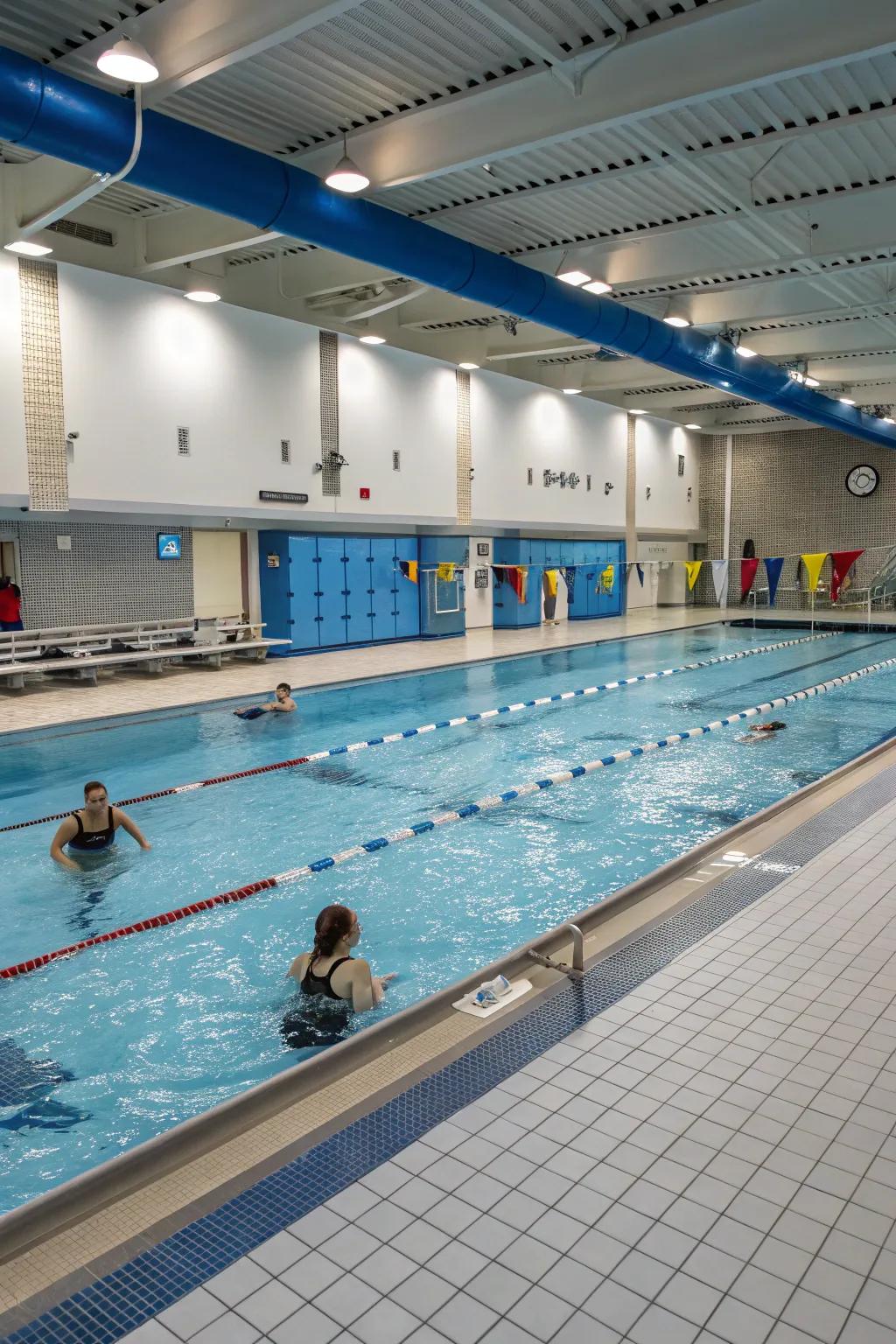 An indoor pool with a dedicated workout spot