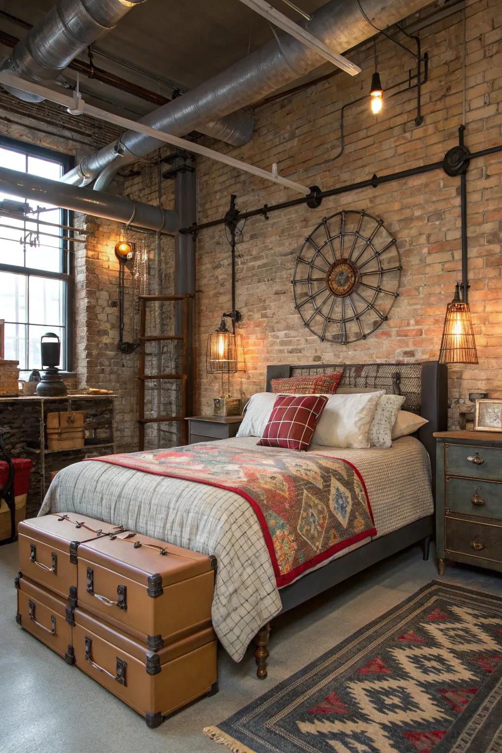 Reused urban artifacts add authenticity to this sleeping quarters.
