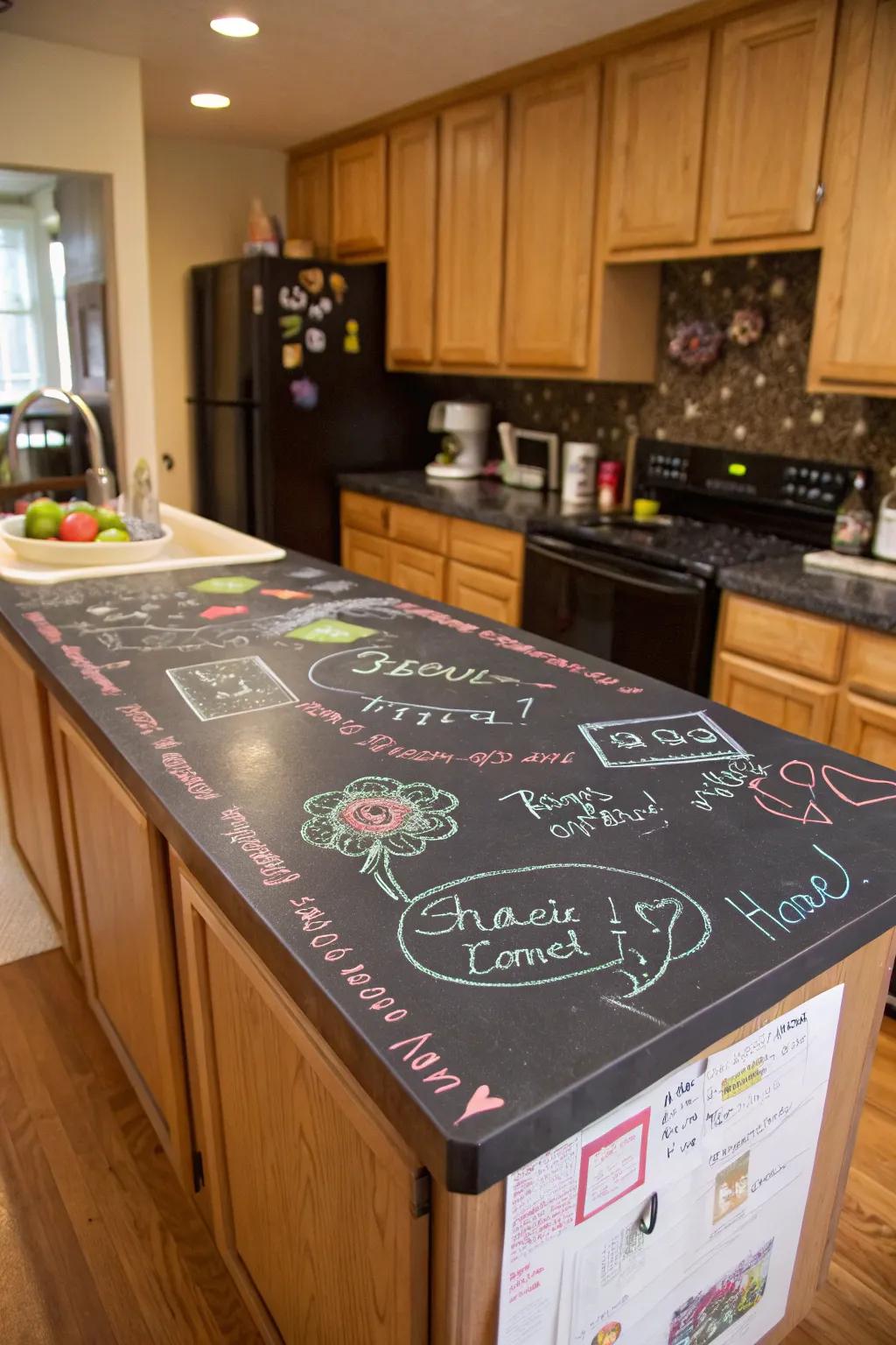 Chalkboard coating turns countertops into a dynamic and interactive space.