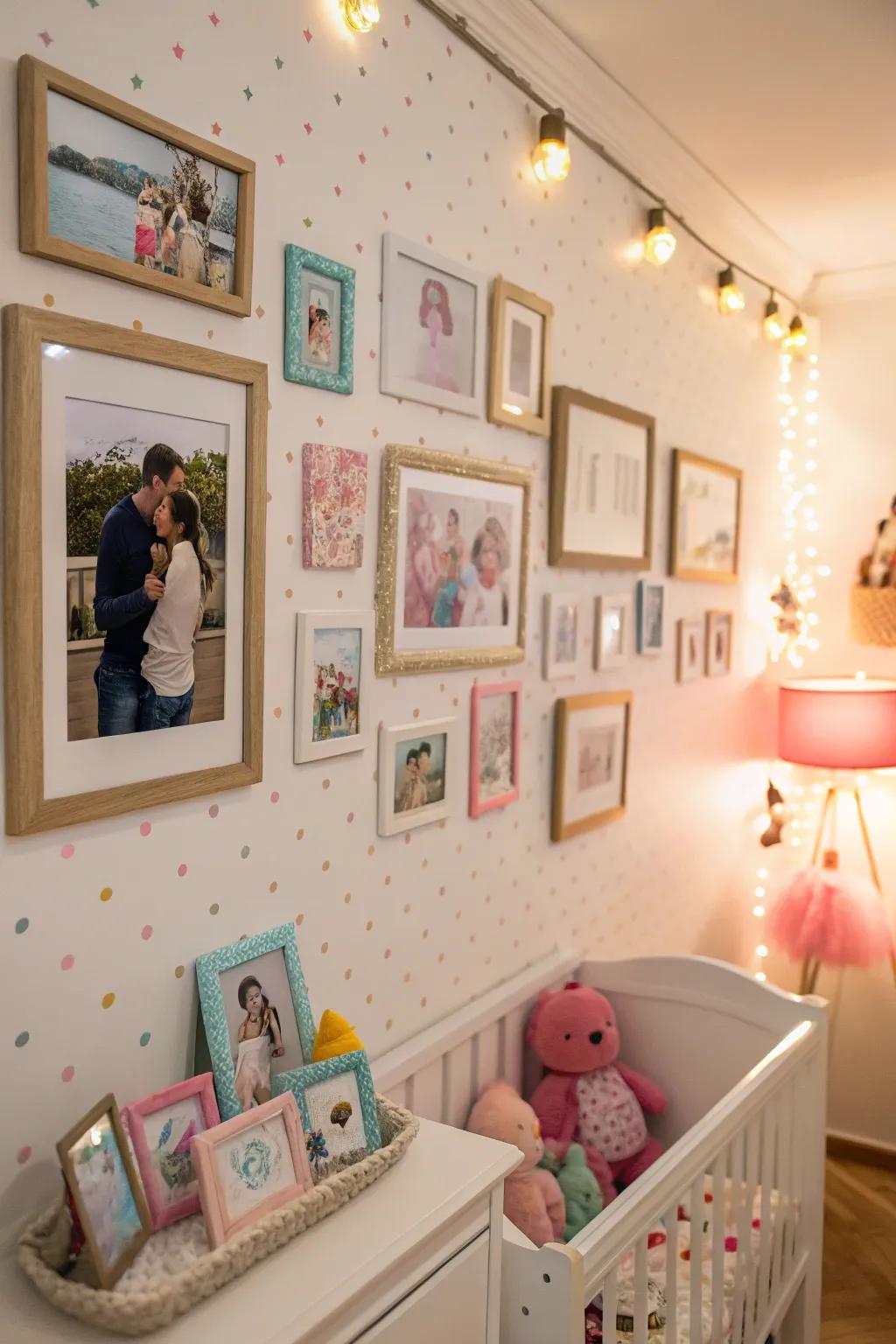 A family photo wall enhances familiar connections.