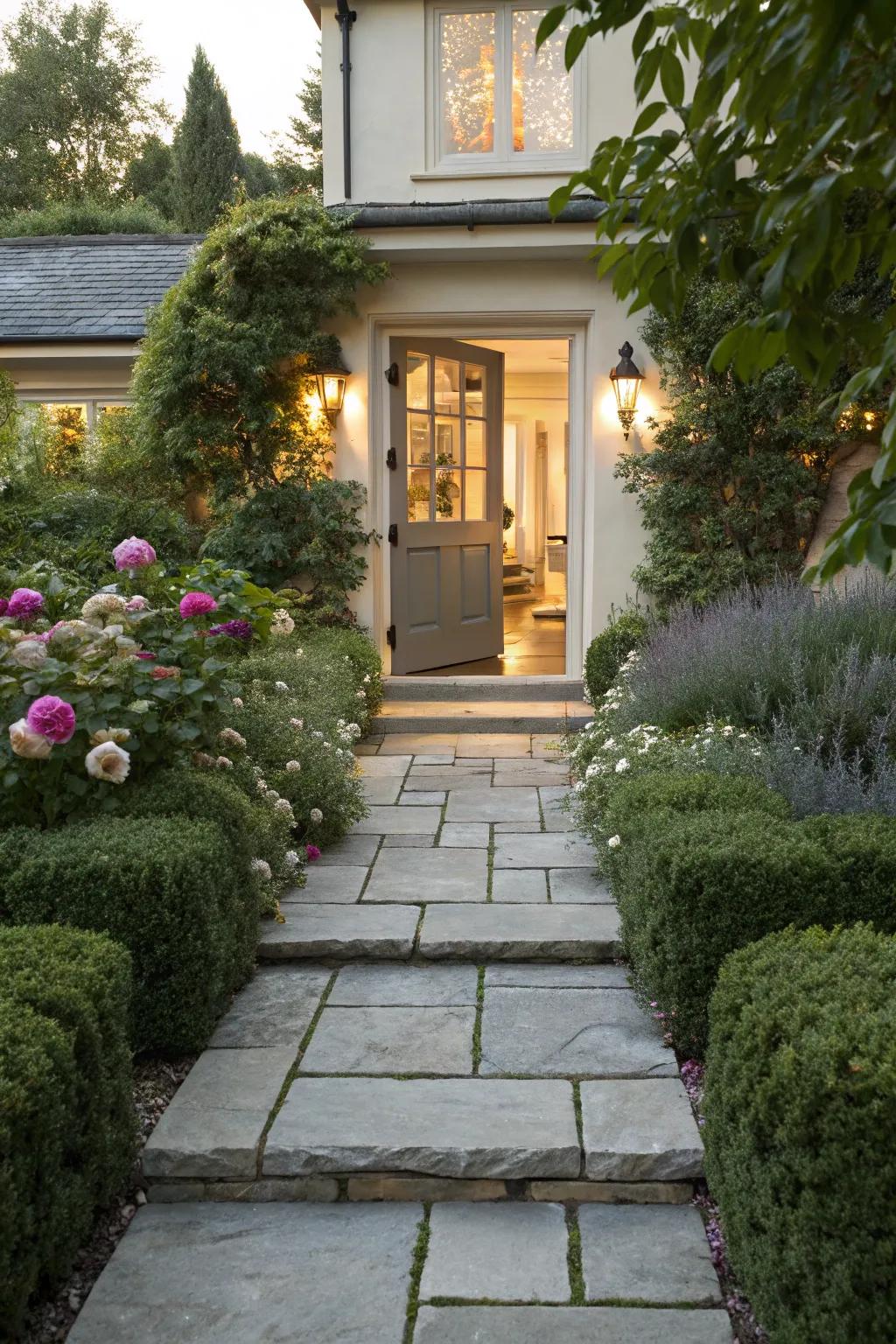 A rock path lends charm and guidance to this entrance.